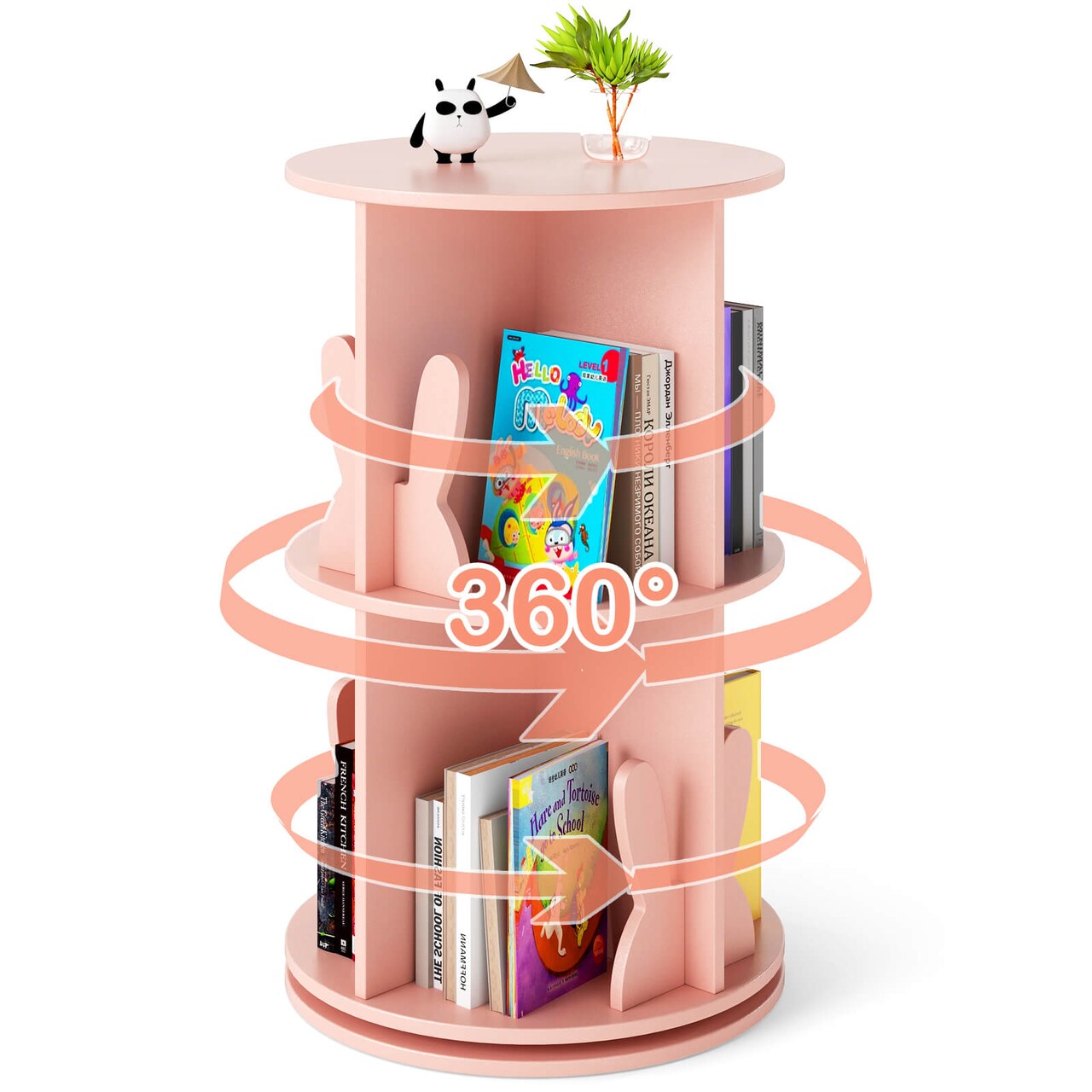 Costway Kids Rotating Bookshelf 2 Tier Freestanding 360° Revolving Display Storage Rack White/Pink